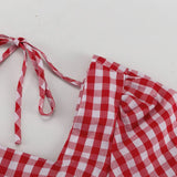  MQTIME  -  Spring New Product Red Plaid Square Collar Five-quarter Sleeve Lace-up Dress Women's Casual Dress