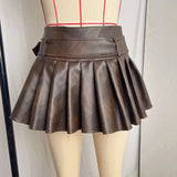 MQTIME  -  Grommet Belt PU Leather Mini Pleated Skirts Women Fashion Y2K High Waist Slim A-line Short Skirts Casual Streetwear Bottoms