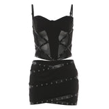 MQTIME  -  Puss Sexy Hipster 2-Piece Set Women Irregular Mesh Patchwork Camisole+Pu Bandage Peach Hip Skirt Slim Midnight Streetwear