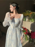 Mqtime Elegant Floral Printed Midi Dress Women Long Puff Sleeve Off Shoulder Corset Lace-up France Vintage High Waist Summer Vestidos