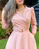 MQTIME  -   2024 Autumn Dress For Women Fashion Versatile Casual Solid Button Long Lapel Pleated Strap Waistband Pullover Dresses Streetwear