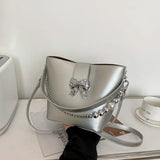 MQTIME  -  Spring/Summer 2024 new, solid color PU women's shoulder bag, silver bow decoration, fashion trend