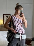 MQTIME  -  Chic Striped One Shoulder Top Women Sexy Sleeveless Tie Waist Slim Fit Asymmetric Blouse Casual Summer Lady New Party Tops