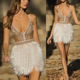 MQTIME  -  Spring Summer New Vestidos Elegant Strap V-neck Women Dresses Sexy Feather Female Banquet Evening Dress