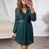 MQTIME  -  Women Elegant Office Slim Sequins Dress Fashion 2025 Glitter V-Neck Belt Party Dress Temperament Spring Long Sleeve Pleat Dress