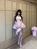 MQTIME  -  French Coquette Princess Sweet Floral Lace Halter Neck Dress Women Bow Trim Cutout Ruched Waist Ruffle Hem Slim Fit Mini Dress