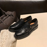 MQTIME  -  Women's Shoes Blok Carving Double Buckle with Velvet Inner Small Leather Shoes Women's Spring and Autumn