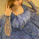 MQTIME  -  Luxury Dubai Blue Girl Dress Feathers Beaed A-Line Gown for Kids Wedding Birthday Communion Party Pageant 2024 J369