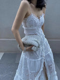 MQTIME  -  White Suspender Embroidered Dress For Women'S Summer High-End Hollowed Out Design, Elegant And Chic Long Skirt