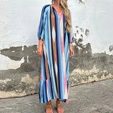 MQTIME  -  V-neck Long Dress With Sleeves Summer New Ladies Loose Party Dresses Vintage Pleated Stripe Printed Commuting Maxi Dresses