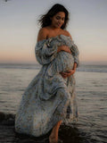 MQTIME  -  Boho Floral Maternity Dress Photography Backless Half Sleeve Ruffle Maxi Gown for Pregnant Women Gender Reveal Party Outfit