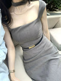 MQTIME  -  Summer New Korean Elegant Sex Appeal Dresses Simple Solid Color Evening Party Prom Vestidos Women Chic One Piece Clothing