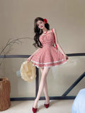 MQTIME  -  Plaid Dresses Women Bandage Sleeveless Slim Lace Patchwork Summer Fashion Sweet Elegant Party Mini Dress Female Casual