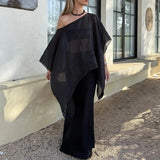 MQTIME  -  Women's Bikini Cover-ups See-through Solid Color Y2k Off Shoulder Irregular Hem Loose Fit Pullover Summer Beach Tops