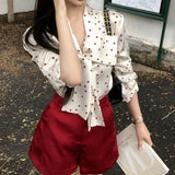 MQTIME  -  Vintage Port Polka Dot Shirt Women's Autumn Long Sleeve V-neck Streamer Bow Shirt Red Shorts Korean Version Suit
