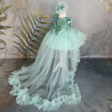 MQTIME Cyan Flower Girl Dresses Tulle With Bow And Tailing Short Sleeve For Wedding Birthday Party Banquet Princess Gowns