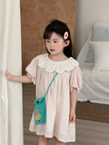  MQTIME  -  New Summer Baby Girls Pink Princess Dresses Puff Sleeve Lace Embroidery Toddlers Kids Casual Dress