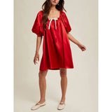 MQTIME  -  Women Satin Silk Mini Dress Bow Tied Front Square Neck Half Bubble Puff Sleeve Loose Fit Silky Short A-line Dresses