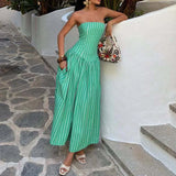 MQTIME  -  Ladies Casual Pleated Pocket Beach Dresses New Striped Print Swing Long Dress Sexy Strapless Hollow Out Women's Holiday Dress