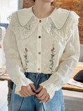 MQTIME  -   New Women Shirt Peter Pan Collar Vintage Style Basic Shirts Petal Sleeve Embroidery Boho Blusas Mujer Cotton Shirts Top