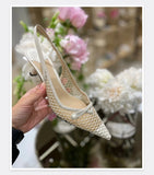 MQTIME  -  Mesh Pearl Toe Sandals Summer New Pointed Toe Stiletto Back Strap Heels