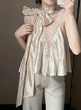 MQTIME  -  French Style Retro Silk Patchwork Lace Tops Sleeveless Vest Shirt Sexy Summer Women Pullovers Blouse