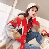 MQTIME  -  Women Argyle Plaid Knit Cardigan V Neck Long Sleeve Button Open Front Loose Sweater Coat Tops for Woman Casual Autumn Daily Wear