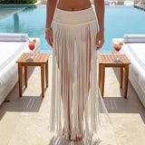 MQTIME  -  Long Tassel Hand Crochet Knitted Maxk Skirts Women Summer Fashion See Through Vacation Beach Cover Ups Long Skirt Holiday Bottom