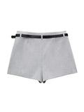 Mqtime Spring Summer Shorts Women Preppy Style School Box Pleated Skort With Belt Side Zipper Mid Waist Gray Mini Shorts For Woman