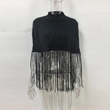 MQTIME  -  Fringe Hem High Mock Neck Women Poncho Loose Batwing Sleeve Relaxed Oversize Sweater Straight Fringe Hem Top City Street Wear