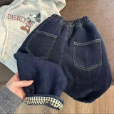 MQTIME  -  Kids Boys Jeans New Winter Solid Color Plus Fleece Toddler Kids Girls Harem Pant New Winter Plaid Little Boys Demin Pant