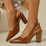 MQTIME  -  Size 42 Elegant Pointed Toe Block High Heels Slingback Pumps Summer Vintage Green Brown Party Dress Shoes Women