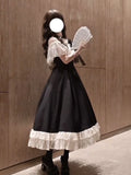 MQTIME  -  French Elegant Princess Summer Bow Lace Ruffle Off Shoulder High Waist Big Swing Black White Dress Women Girls Party Daily Wear