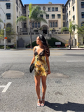  MQTIME  -  Fashion Printed Lace Trim Sling Dress Women Sexy V Neck Sleeveless High Waist Slim Mini Dresses Summer Lady Vacation Robe