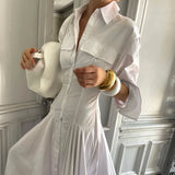  MQTIME  -  Spring Pleated Single-breasted Shirt Skirt New Lapel Long-sleeved High-waisted Temperament White Dress