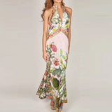 MQTIME  -  Sexy Hollow Out Sleeveless Evening Dress Elegant Backless Women Suspender Dress French Style Floral Printed Deep V Halter Dress