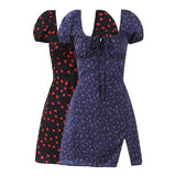 MQTIME  -  Summer new French square neck bubble sleeve short sleeved floral slim fit women's dress short skirt