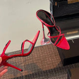 MQTIME  -  Red Pointed-toe High Heels New Straight Strap Open-toe Sandals Patent Leather Stiletto Heel Sexy Slippers Women