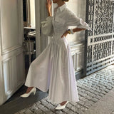  MQTIME  -  Spring Pleated Single-breasted Shirt Skirt New Lapel Long-sleeved High-waisted Temperament White Dress
