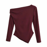 MQTIME  -  Asymmetric Long Sleeve Top Women 2025 New Spring Casual Slim Shirts Blouse Female Off Shoulder Burgundy Shirts & Blouses Tops