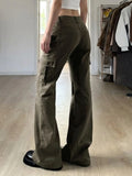 MQTIME  -  Vintage Low Rise Cargo Flare Pants Multi Pocket Streetwear Trousers