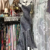 MQTIME  -  Modern Women Black & White Leopard Print Mermaid Evening Gown Flowy Chiffon Spaghetti Strap Bodycon Formal Party Vintage Dresses