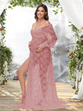  MQTIME  -  Maternity Dress Soft Stretchy Lace Off Shoulder Doubly Split A line Skirt Pregnancy Maxi Gown for Photoshoot