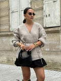 MQTIME  -  Women's Elegant V-neck Lace Up Cardigan Long Sleeved Solid Color Loose Knit Sweater Autumn Winter New Lady Street Knitwear 2024