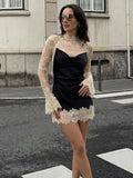 MQTIME  -  French Elegant Sexy Women Lace Patchwork Mini Dress Contrast Slim Long Sleeve Dresses Fashion High Street Lady Chic Dress