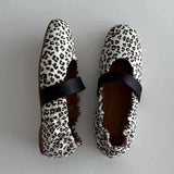 MQTIME  -  Flannel Leopard Print Ballet Flats Shoes Women Slip-on Round Toe Elegant Autumn Winter Mary Janes Leather Band Designer Loafers