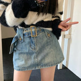 Mqtime Y2K Vintage Do Old Casual Denim Skirt Women Spring and Summer New High Street Fashion All-match A-line Skirt with Belt