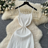 MQTIME  -  Summer New Knitted Pleated Long Dress High Waist Midi Sling Dresses Elegant Sleeveless Women Streetwear Black Bodycon Vestidos