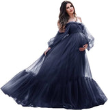 MQTIME  -  Puffy Sleeve Maternity Dress Tulle Robe With Underskirt for Photoshoot Off Shoulder Pregnancy Baby Shower Gown