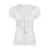 MQTIME  -  American Y2k Solid Lace Patchwork Fake Two Piece Sexy Bandage Bow Top Female
